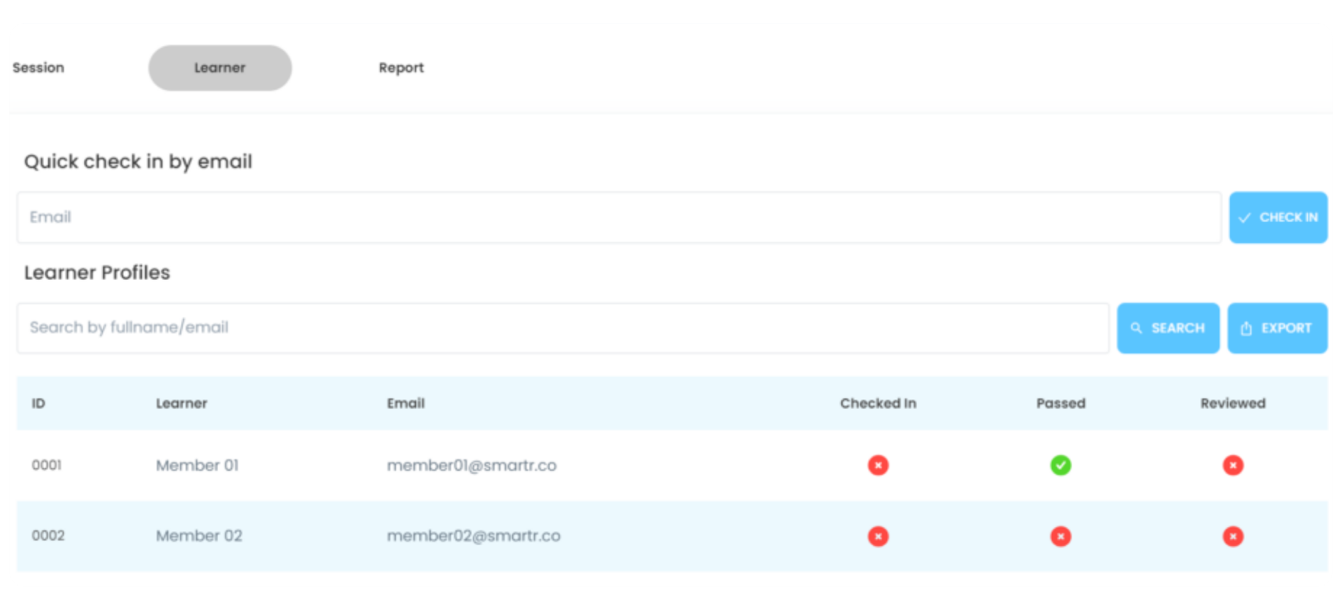 Cards are organized for class managers to easily access information about materials, classes, and class reports